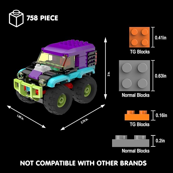 4 Pack Monster Truck Micro Brick Building Blocks Set, Pull Back Car Toy Vehicles Set, Birthday Party Favor or Gift for Teens Ages 8+ Kids