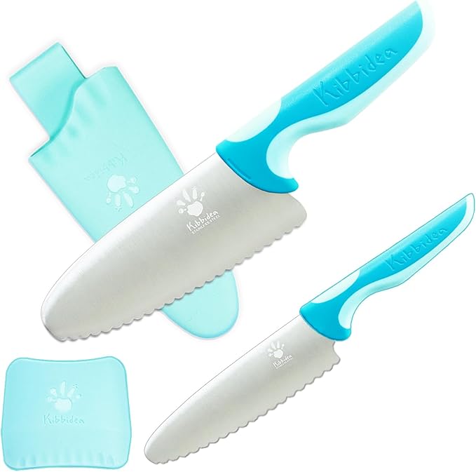 Kibbidea Kids Knife Set - 4 Pcs Kids Safe Cooking Knives, Round Tip, BPA-Free, Stainless Steel, Blue