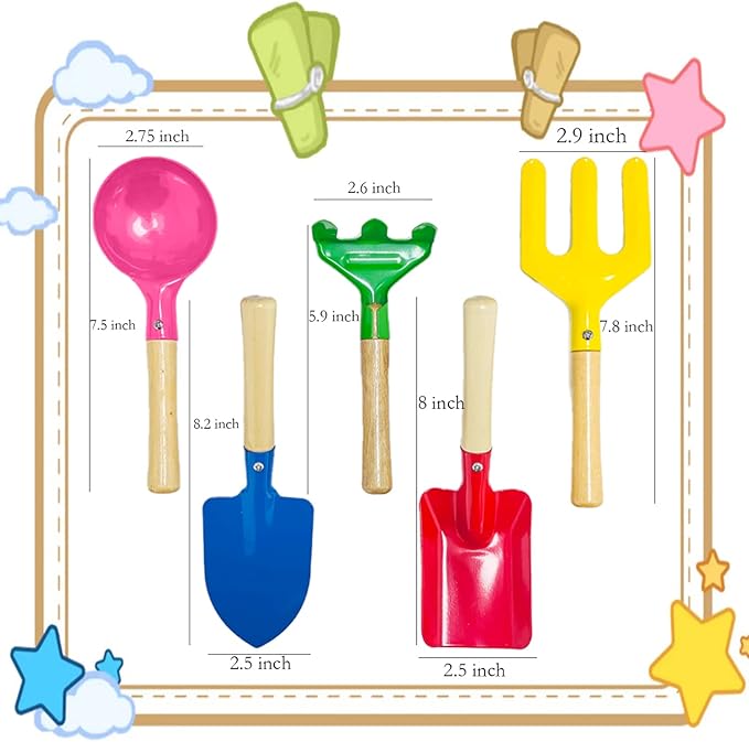Kids Gardening Tools Set, 5PCS Gardening Tools for Kids Metal with Sturdy Wooden Handle Safe Gardening Tools 8" Children Beach Sandbox Toy