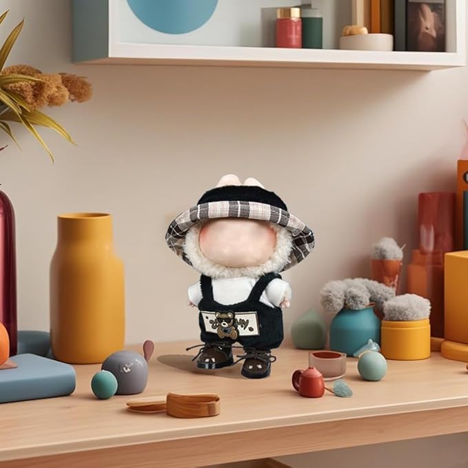 17cm Clothes Set, Cute Hat Unique Pocket Design Overalls Dress up Set(NO Doll), Handmade Clothing Designed for 17cm Doll (Black Set)
