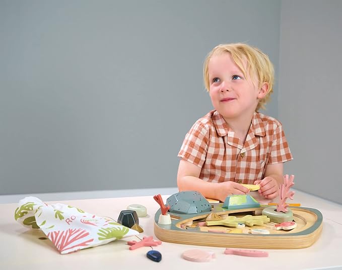 Tender Leaf Toys - My Little Rock Pool - 35 Piece Wooden Sea Life Set with Illustrated Drawstring Bag - Educational Play toy, Improve Fine Motor Skills, Shape Sorting Play for Boys and Girls - Age 3 +