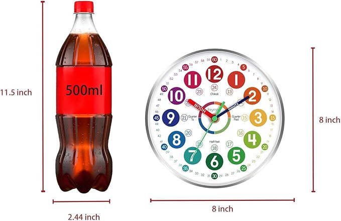 Wall Clock for Kids Learning - Teaching Time Wall Clocks Battery Operated Silent Non Ticking - Analog Colorful Clock Decorative for Kids Room Classroom School(8 Inch&Silver)