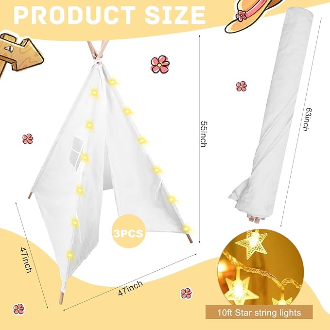 3pcs Teepee Tent with 10FT String Lights for Kids, Canvas Teepee Play Tent, Indoor & Outdoor Playing Tents with for Girls & Boys Party Indoor Outdoor Games (White)