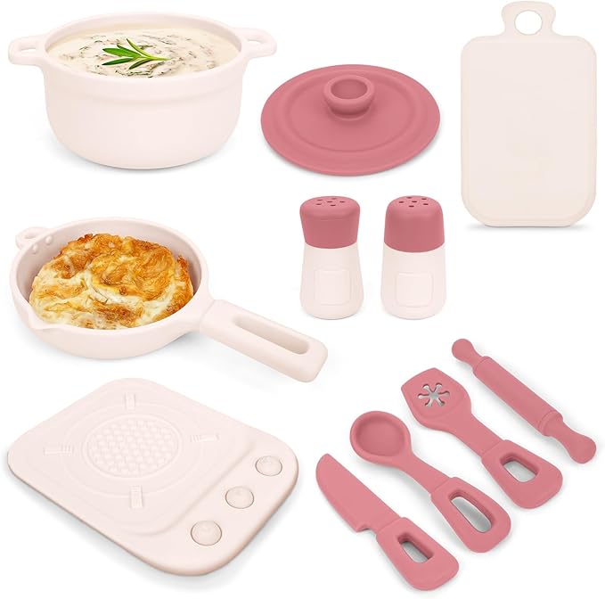 TYRY.HU Play Kitchen Accessories, 11Pcs BPA Free Silicone Pretend Play Food Sets, Play Kitchen Set,Play Kitchen Cooking Utensils Pots & Pans, Pretend Role Play Cooking Toys Gifts for Toddlers 1-3,Pink