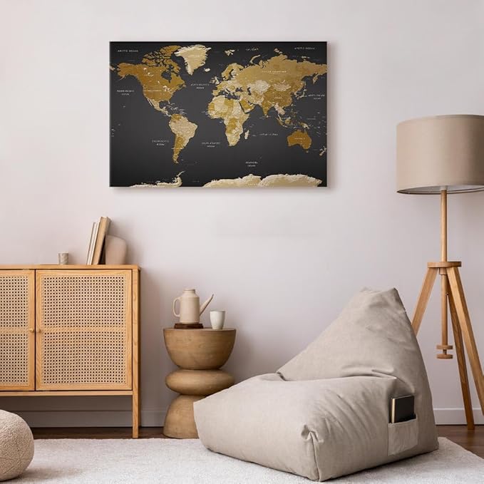 artgeist Acoustic Canvas Wall Art Print World Map 35x24 in - 1pcs Picture with Acoustic Foam Sound Print Artwork Room Acoustics Soundproofing World Travel Map k-A-0104-b-c