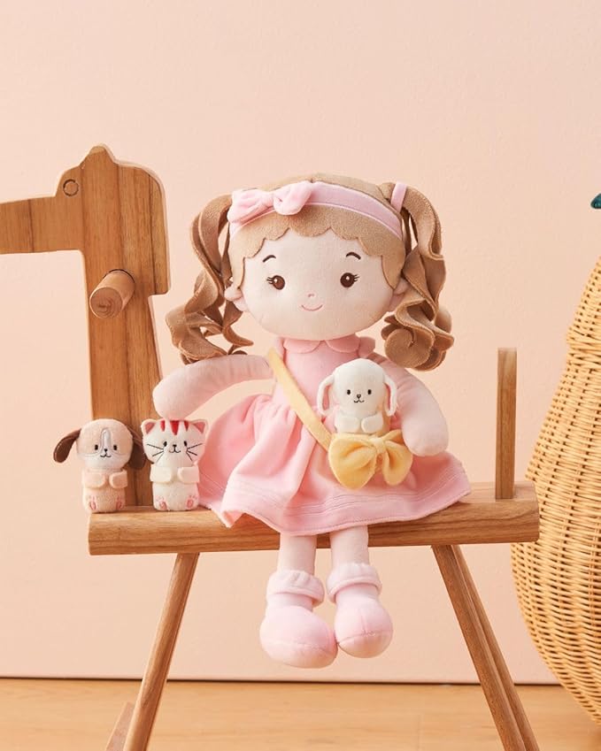 LeyaDoll Personalized Soft Baby Doll Toys (16''), My First Baby Rag Doll for 1 Year-Old Girl Birthday Gift, Christmas Plush Toys Gift for Toddler Kids Infants-Daydream-Mia-and-Her-Pet-Dog