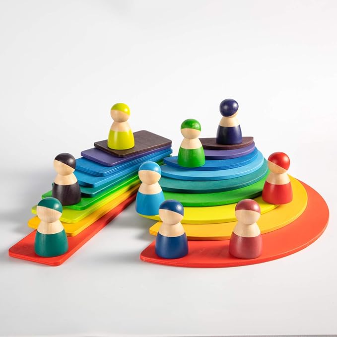 Wooden Rainbow Rectangle Stacker Toys, Rainbow Building Blocks Board Set for Kids, 11Pcs Rectangle Stacking Puzzle, Learning Creative Thinking Toys