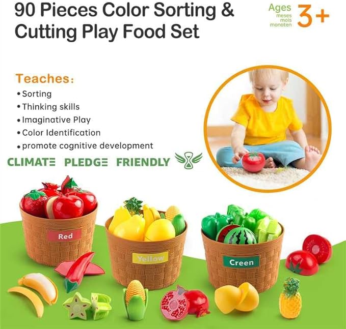 90Pcs Kitchen Playset Accessories, Pretend Cooking with Pots, Pans, Cookware, Food, Fruit, Veges, Color Sorting Baskets, Prop Money, Learning Gift for Girls Boys Toddlers (White)