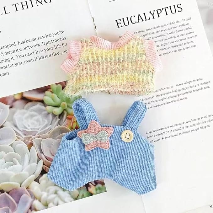 Clothes for Labubu(NO Doll) - 15cm/17cm Doll Accessories Suit, Cute Outfit with Accessories - Colorful T-Shirt, Star Light Blue Romper and Heart Shaped Pink Hat