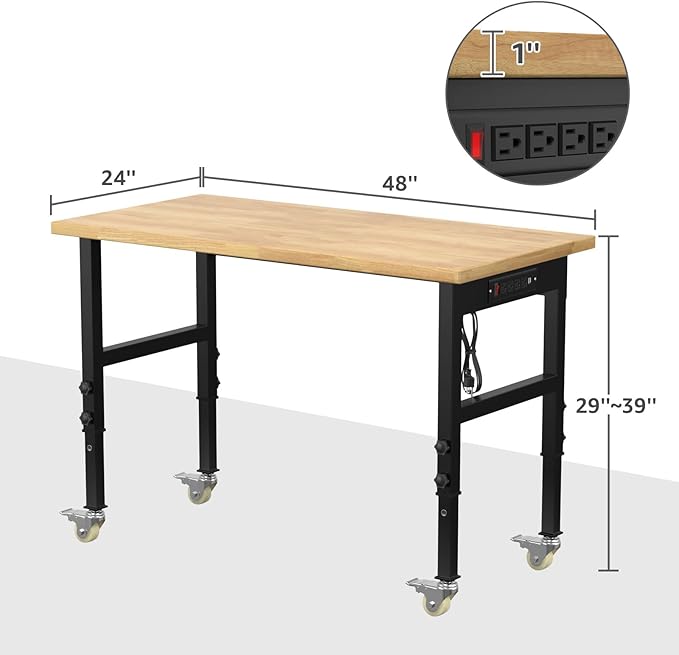 48" Adjustable Workbench,Heavy-Duty Work Table,3000 LBS Load Capacity Hardwood Workstation Outlets with Power Strips and Wheels,for Workshop, Garage