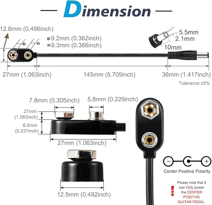 CHANZON UL Wire 9V Battery I-Type Power Supply with Center Positive 2.1mm x 5.5mm Male DC Connector Holder Clip Converter, 5 Pack for Arduino, LED Strip