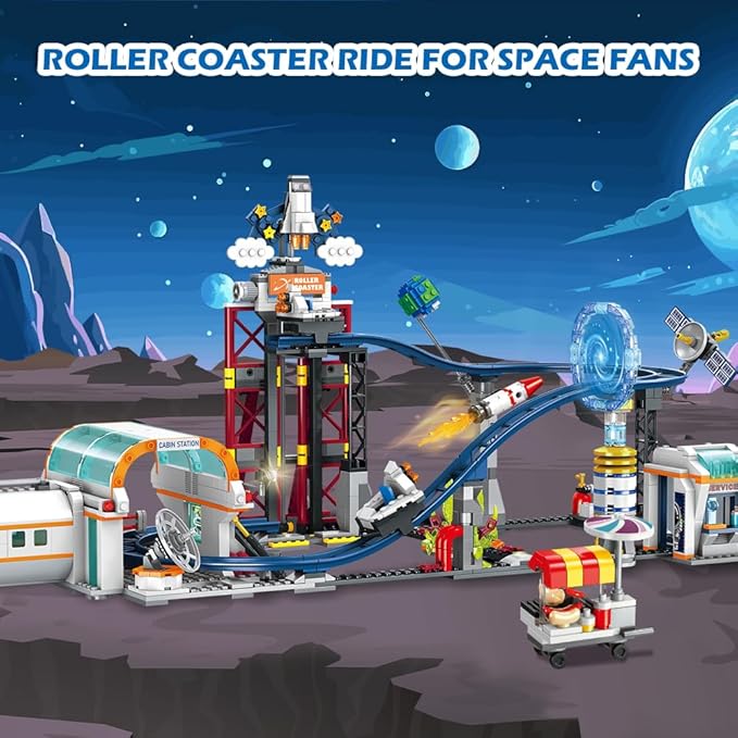 Space Roller Coaster Building Sets - Rollercoaster Building Toy with Rocket, Lift Platform, Satellitesr, Carriage, Food Cart, 926PCS Space Adventure Park for Adults Teens Kids Boys Ages 8-12