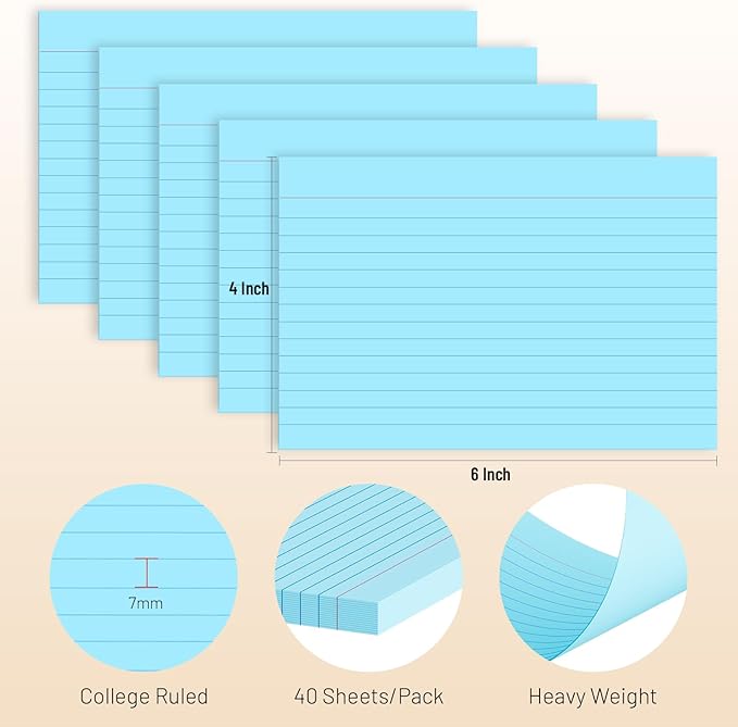 200 Pcs Index Cards 4 x 6 Inch Ruled Blue Index Cards, College Ruled Flash Cards for School, College, Office and Home Organization, Durable Study To Do List Note Cards with Ruled Lines, 5 Pack of 40