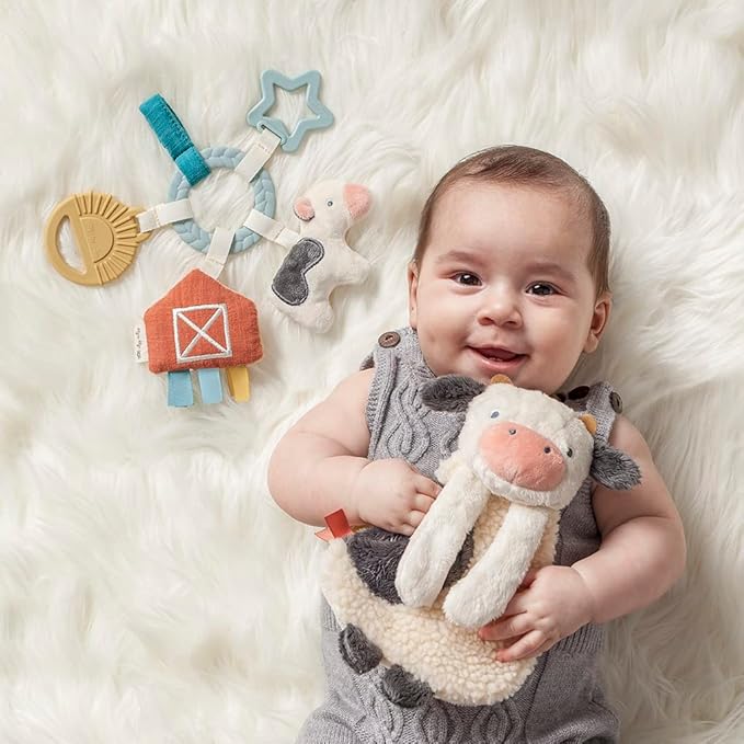 Itzy Ritzy Farm Toy Gift Set - Includes Cow Lovey & Farm-Themed Busy Ring Car Seat and Stroller Toy - Features Crinkle Sounds, Engaging Textures & Silicone Teething Relief (Farm)