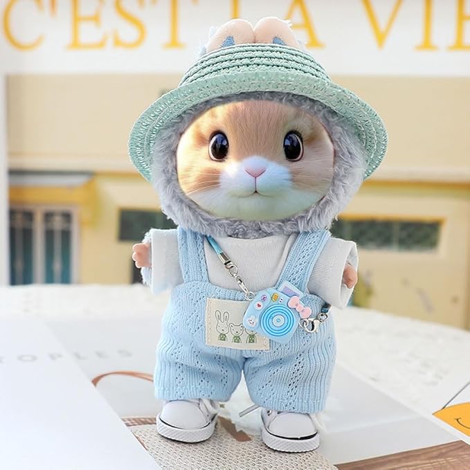 5 Pcs/Set 15-17cm Doll Clothes for Labb Rabbit Bunny, Lovely Girly Doll Clothing Straw Hat+Overalls+T-Shirt+Handbag+Canvas Shoes, Fashionable Outfit for Dress up, Doll Costume Fashion Dresses -Blue