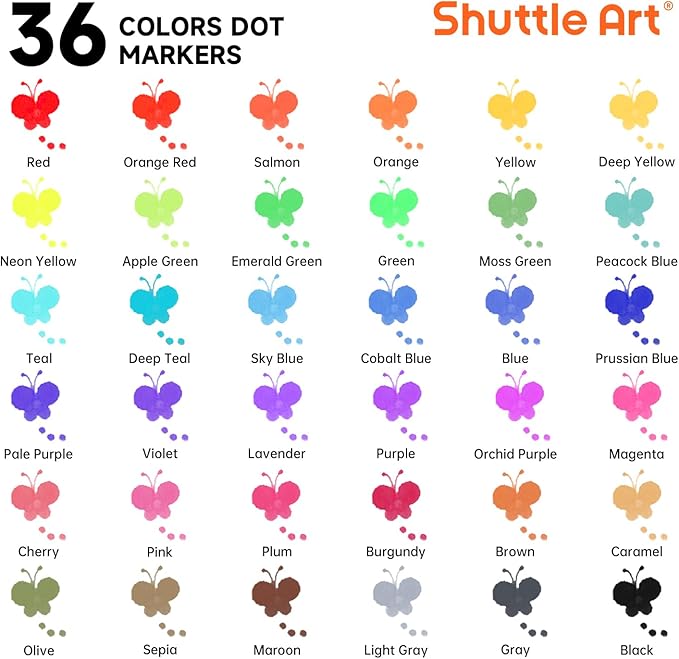 Shuttle Art Dot Markers, 36 Colors Washable with 135 Activity Sheets, 5 Activity Books, Fun Art Supplies for Kids Toddlers and Preschoolers, Non Toxic Water-Based Paint Daubers, Dot Art Markers