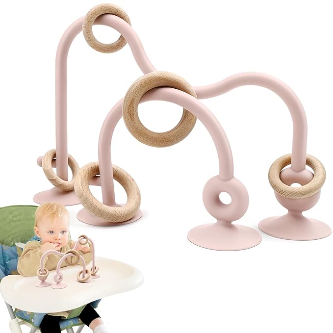 Baby Sensory High Chair Suction Toys for Infant Toddlers 6 12 18 24 Months Gifts, Food Grade Silicone String with Oak Loop Montessori Educational Baby Bath Toy (Pink)