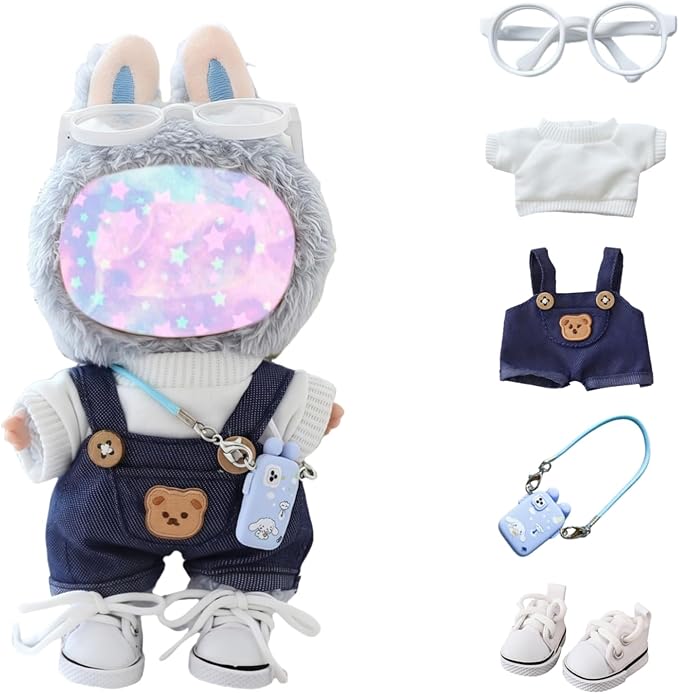 17cm Doll Clothes Set, 5 Pieces Dress Overalls Outfit Set for 6.7inch Doll Suit, Cute Fashion Hat & Clothes Accessories for 1st/2nd/3rd Gen Dolls Play & Display