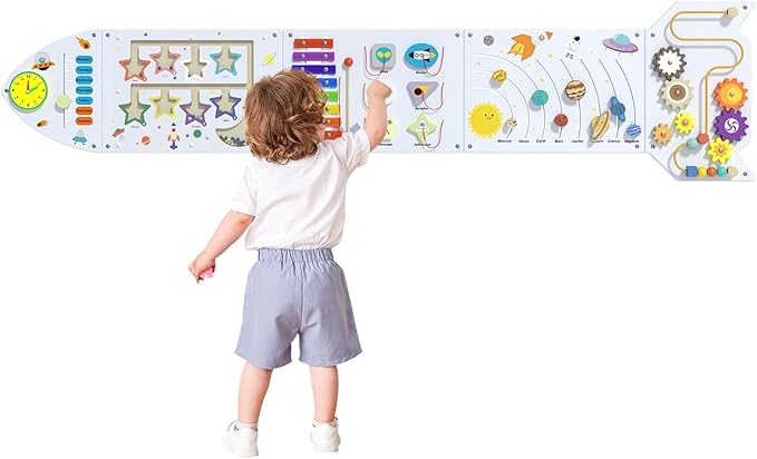 Rocket Activity Wall Busy Board Panels - Sensory Wall Panel for Kids, Montessori Toddler Wall Activity Board, Wall Toys for Toddlers 3, Activity Cube, Wood Activity Boards, White Grey