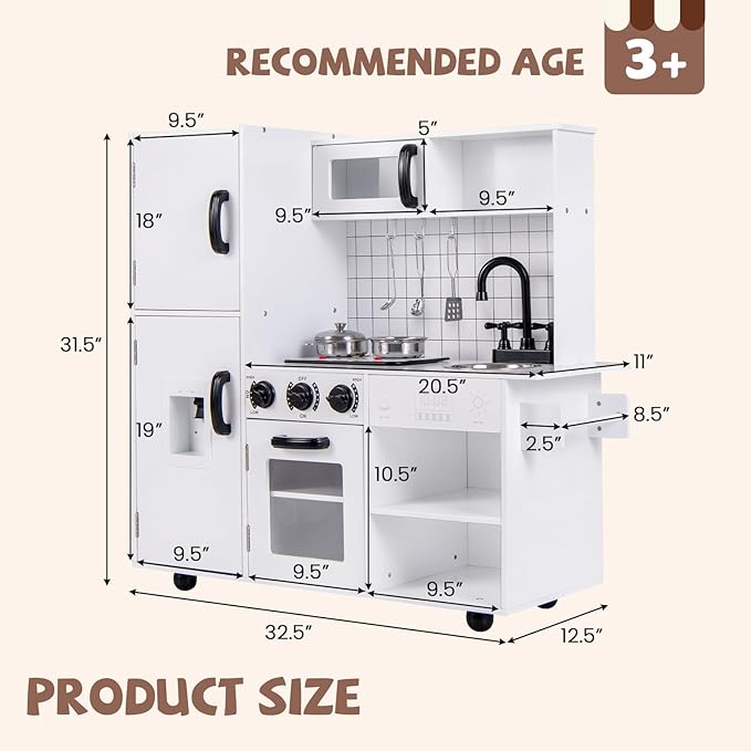 INFANS Play Kitchen for Kids, Wooden Kids Play Kitchen Playset with Realistic Light & Sounds, Pots Pan Microwave Sink, Children Pretend Cooking Toy Set Gift for Toddler Boys Girls Ages 3+