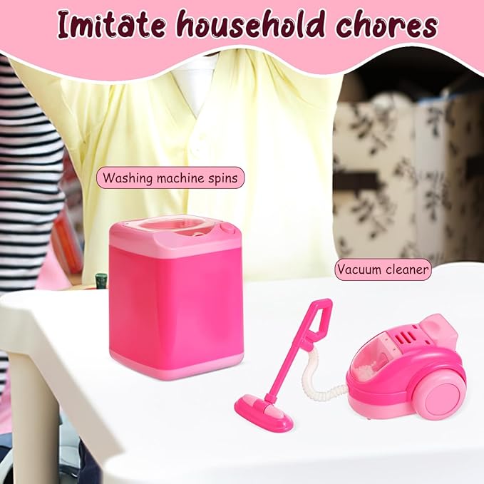 Toyvian Mini Kitchen Set with Realistic Working Toy Vacuum Cleaner and Washing Machine Kids Cleaning Toys for Pretend Play Ages 3-6