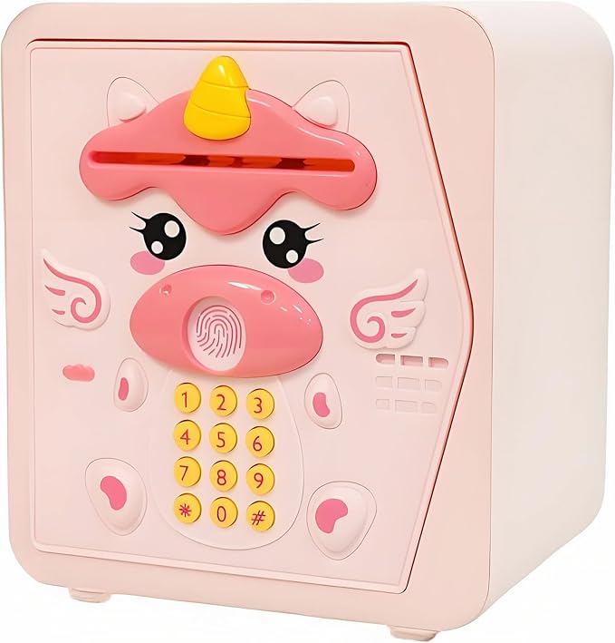 Piggy Bank for Kids - Electronic Money Saving Box w/Code Fingerprint - ATM Safe Toy - Coin Bank Girl Toys for Ages 3 4 5 6 7 8 9 10 Year Old - Birthday Xmas Ideal Gifts for Girls (Pink Unicorn)
