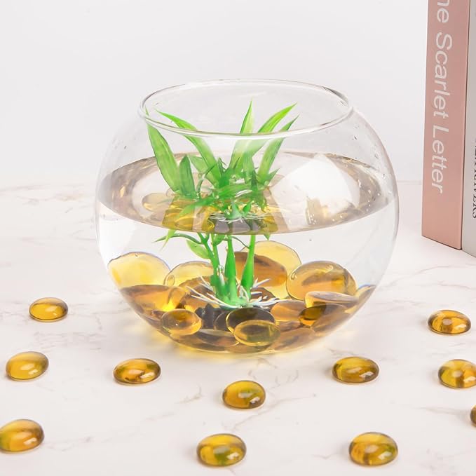 FUTUREPLUSX 5Lb Flat Glass Marbles, Amber Yellow Vase Filler Beads Flat Gems Decorative Glass Stones for Table Scatter Hydroponic Plant Decor