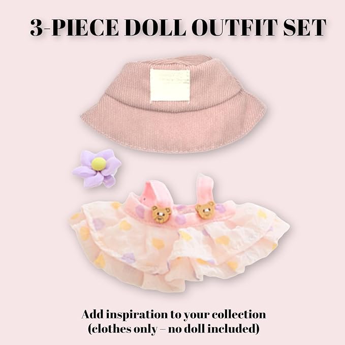 Clothes for 17cm Doll (Clothes Only) – 3-Piece Outfit Set with Hat, Pink Dress and Flower Accessory for an Adorable Dressed-Up Look – 17cm Doll Accessories