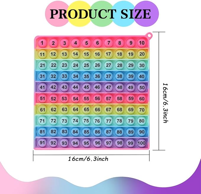 1-100 Number Learning Pop Fidget Toy, Rainbow Colors, Large Square Math Educational Sensory Game