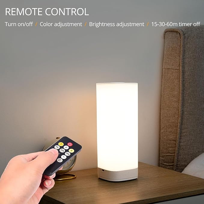 Semlos Battery Operated Led Table Lamp for Bedroom, Reading Night Light with 10 Brightness 3 Colors, Bedside Lamp Touch with Remote Control, Desk Lamp for Nightstand, Office, Living Room