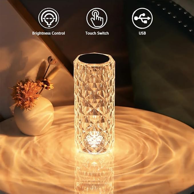 Portable Crystal Table Lamp, 3-Color Touch Control Rechargeable Night Light, Bedside & Desk Lamp for Bedroom, Living Room, Kitchen & Dining Room (3-Color Rose)