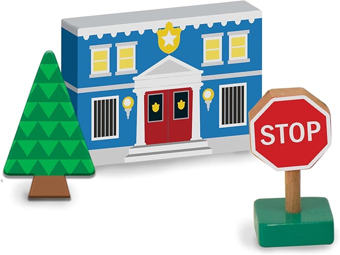 Melissa & Doug Wooden Town Play Set with Storage Tray (32 pcs) Pretend Play Wooden Town Set for Kids with Storage