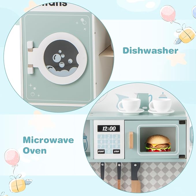 INFANS Kids Kitchen Playset, Toddler Wooden Kitchen Pretend Cooking Toy Set with Coffee Maker Ice Machine Dishwasher Microwave Storage Cabinet, Simulation Play Kitchen for Boys Girls 3+ (Blue)