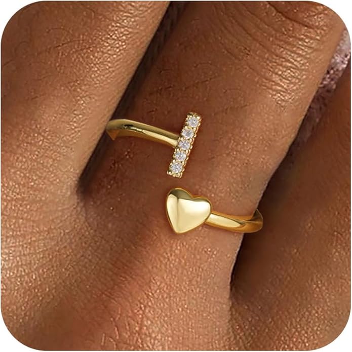 Gold Initial Rings for Women Girls, Dainty 14K Gold Plated Adjustable Initial Rings Cute Heart Zirconia Ring for Women Teen Girl Gifts