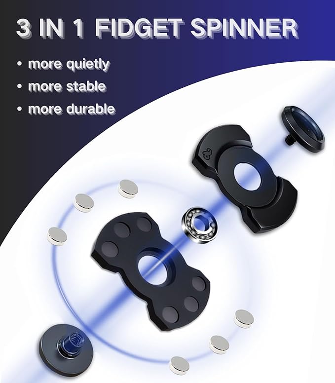 3-in-1 Alloy Fidget Toys Adults - Fidget Spinner,Clicker,Slider Modes,Ultra-Silent,High-Speed Rotation,3-Minute Spin Time,Compact Stress Relief Toy for Adult(Silver)