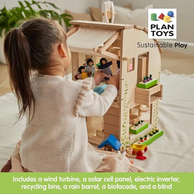 PlanToys Green Wooden Dollhouse with Furniture - Chemical-Free Green Toy Featuring 18 Wooden Furtniture Set