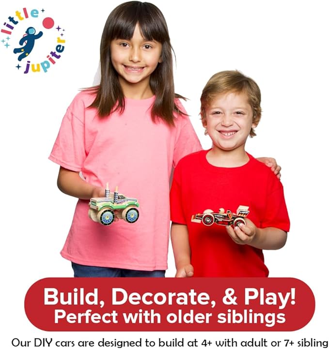 Little Jupiter DIY Wooden Kits w/Stickers - Stem Building Toys - Wood Crafts - Woodworking Kits - Wood Building Kits for Ages 4-7 Yrs (Open & Closed Wheel Race Cars)