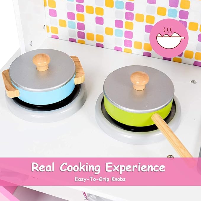 GLACER Kids Kitchen Playset, Wooden Pretend Cooking Set w/Removable Sink, Food & Cookware Accessories, Top Display Shelf, Play Kitchen Toy Set, Realistic Cooking for Toddlers (Pink)