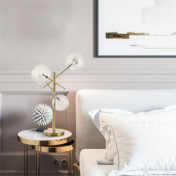 KCO Lighting Modern Gold Table Lamp 3-Light Glass Globe Night Lamp Mid Century Antique Brass Indoor Bubble Shade Standing Lighting Metal Desk Light for Bedroom Study Room Hotel