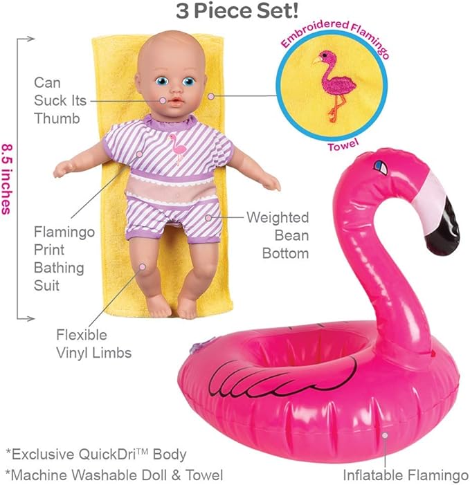 Adora Splash Time Babies Collection, 8.5” Baby Doll with Sweet Baby Smell, Premium QuickDri Vinyl and Machine Washable, Includes Clothes and Accessories, Birthday Gift For Ages 3+ - Fun Flamingo