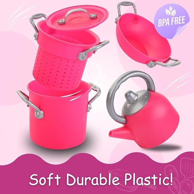 Pink Play Kitchen Cookware Toys Pots and Pans Cooking Utensils Accessories Pretend Playset for Toddlers, Kids, Girls (13 Pcs)