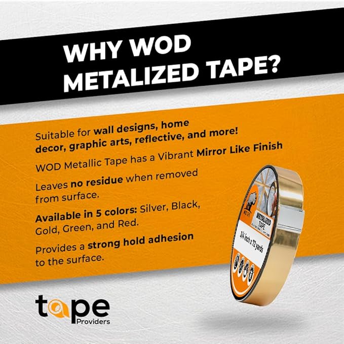 WOD MPFT2 Gold Metalized Polyester Mylar Film Tape with Acrylic Adhesive, 1/8 inch x 72 ft. Vibrant Mirror Gold Tape, Decor Tape for Detailing Accent Wall, Graphic Arts, Car and Boat Trim