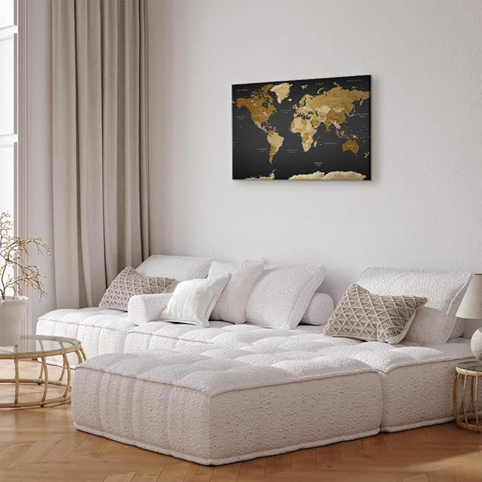 artgeist Canvas Wall Art Print World Map 35x24 in - 1pcs Home Decor Framed Stretched Picture Photo Painting Artwork Image World Travel Map k-A-0104-b-c