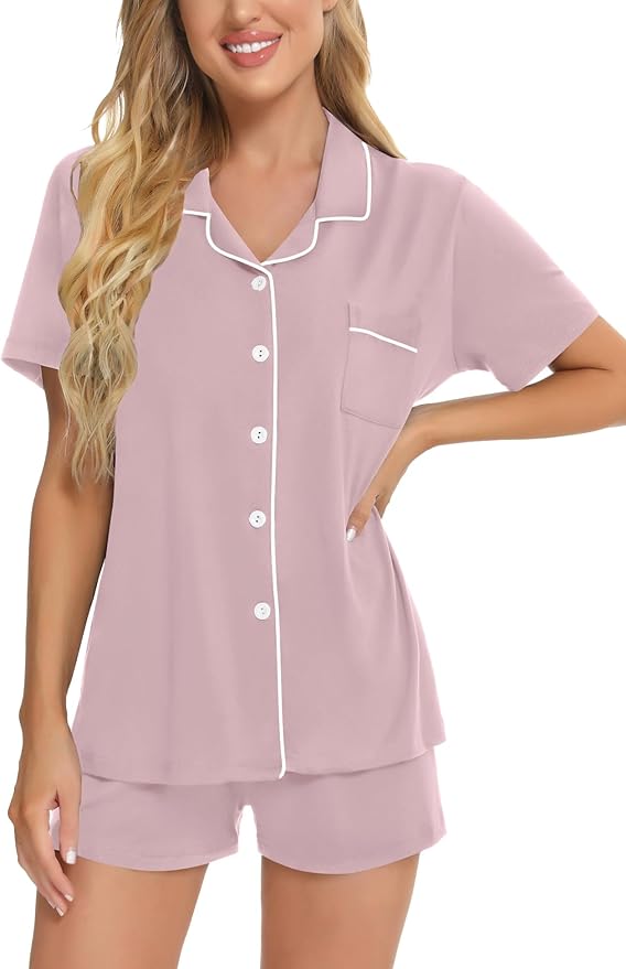 SWOMOG Womens Button Down Pajamas Set Short Sleeve Sleepwear Bride Soft Pj Lounge Sets XS-3XL