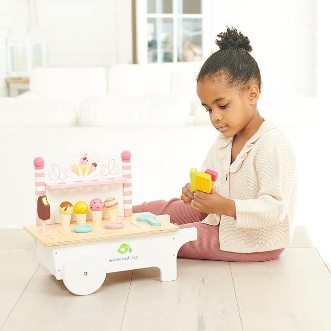 15 Pc Ice Cream Cart - Includes Ice Cream Cones, Popsicles, Scooper and Cart - Made with Premium Materials and Craftsmanship - Encourage Role Play and Develops Social Skills - for Children 3+