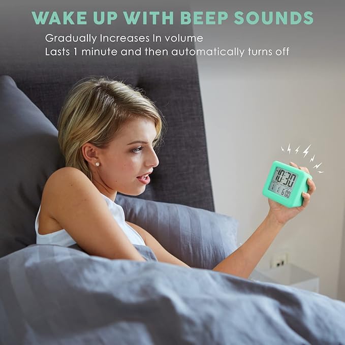 Plumeet Digital Alarm Clock Kids Clock with Snooze and White Nightlight - Easy Setting Travel Alarm Clocks Display Time, Date, Alarm - Ascending Sound - Battery Powered (Cyan)