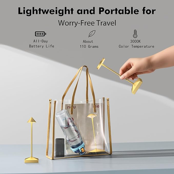 3 Pack 7.67in Gold Small Cordless Table Lamps Rechargeable, Battery Operated Mini Lamp, Small Lamp Touch Portable Table Lights, LED Night Light for Bedside/Dining/Bar/Outdoor (Gold-C)