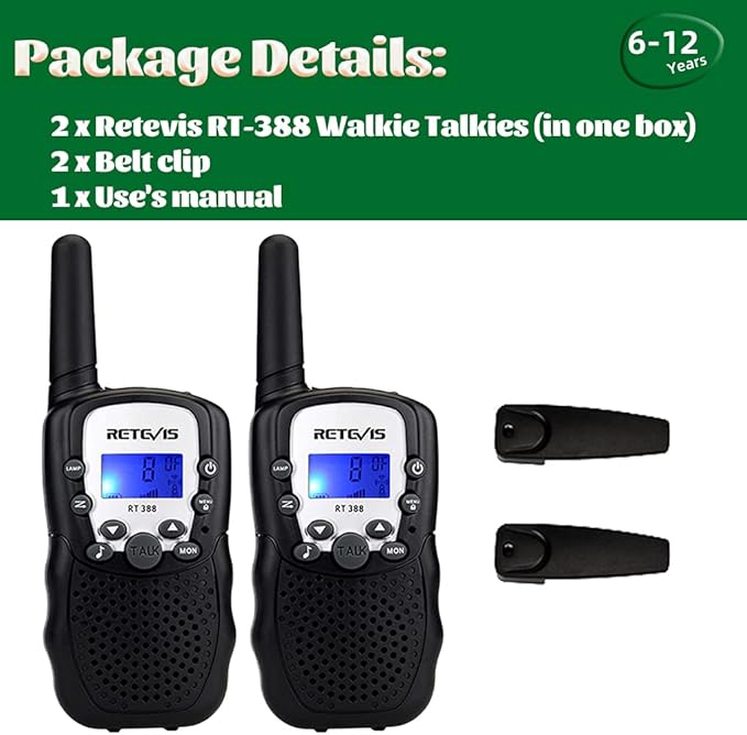 Retevis RT388 Walkie Talkies for Kids,Toys Walkie Talkie for 6-12 Years Old Boys Girls,Kids Toys Gifts for Outside Trip Camping Hiking (Black,1 Pair)
