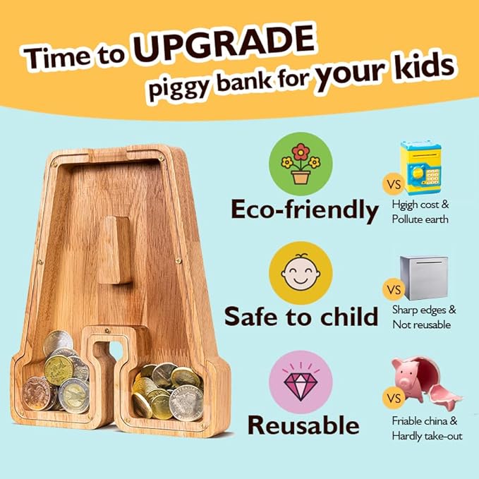 Customized Name Large Wooden Piggy Bank for Kids Boys Girls Alphabets Letter A-Z Coins Bills Money Change Bank Box Initial on Clear Cover (Laser Engraved) (Alphabet-W, Personalized-9")