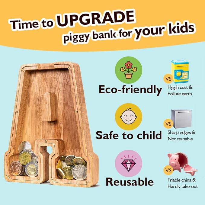 Summidate Customized Name Large Wooden Piggy Bank for Kids Boys Girls Alphabets Letter A-Z Coins Bills Money Change Bank Box Initial on Clear Cover (Laser Engraved) (Alphabet-Y, Personalized-9")